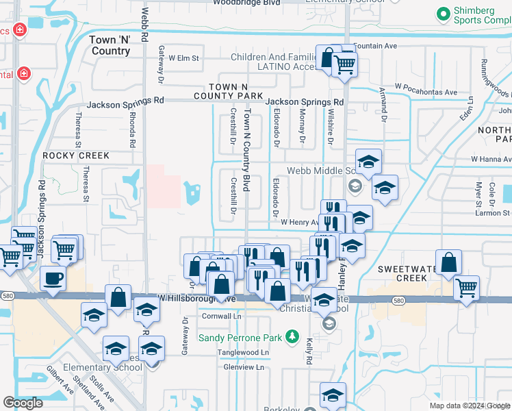 map of restaurants, bars, coffee shops, grocery stores, and more near 6007 Murray Hill Drive in Tampa