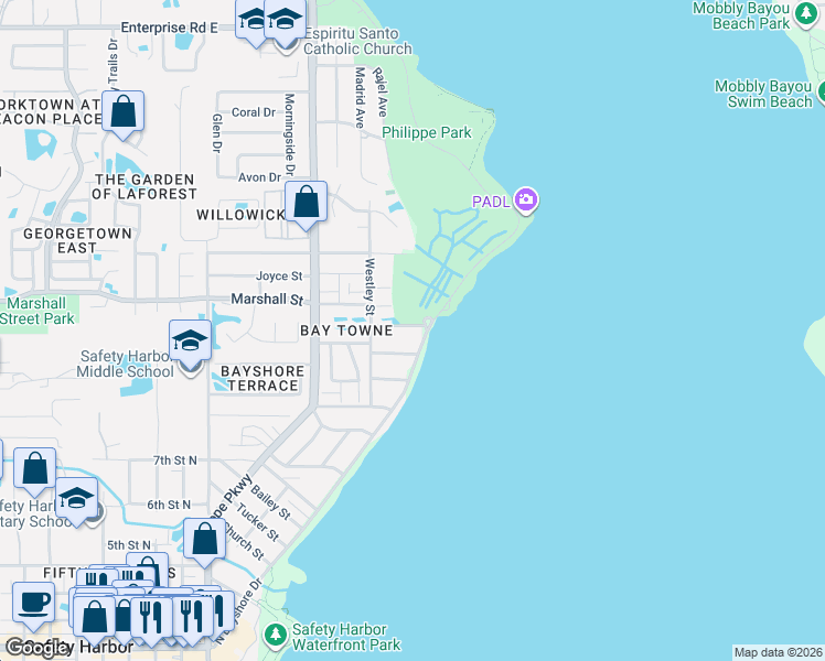 map of restaurants, bars, coffee shops, grocery stores, and more near 1407 North Bayshore Drive in Safety Harbor