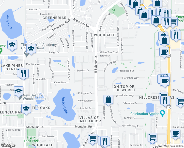 map of restaurants, bars, coffee shops, grocery stores, and more near 2293 Swedish Drive in Clearwater