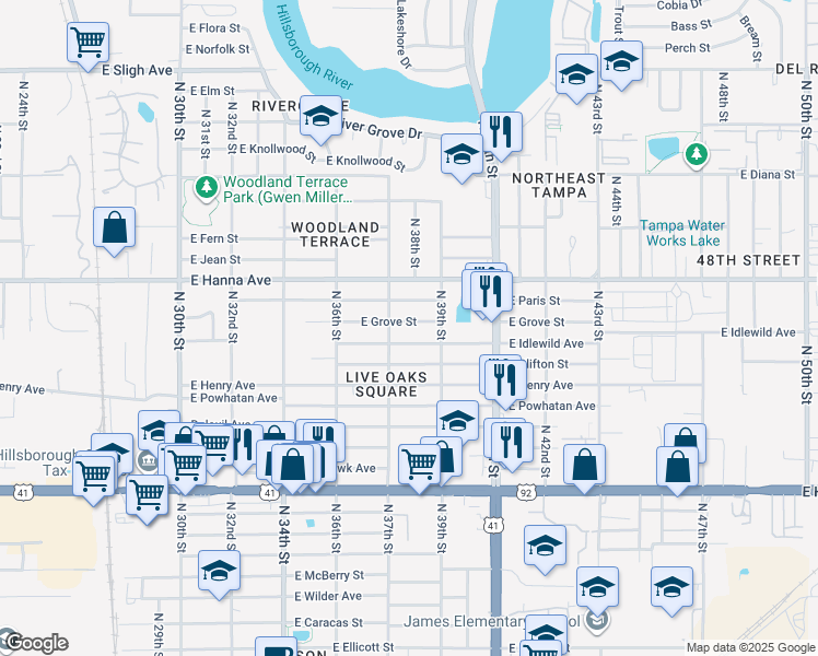 map of restaurants, bars, coffee shops, grocery stores, and more near 3710 East Grove Street in Tampa