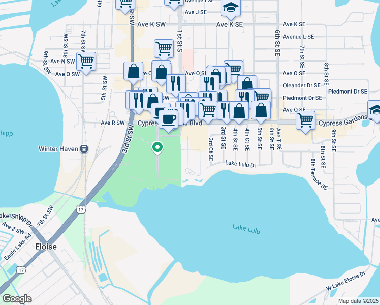 map of restaurants, bars, coffee shops, grocery stores, and more near 200 Cypress Gardens Boulevard in Winter Haven