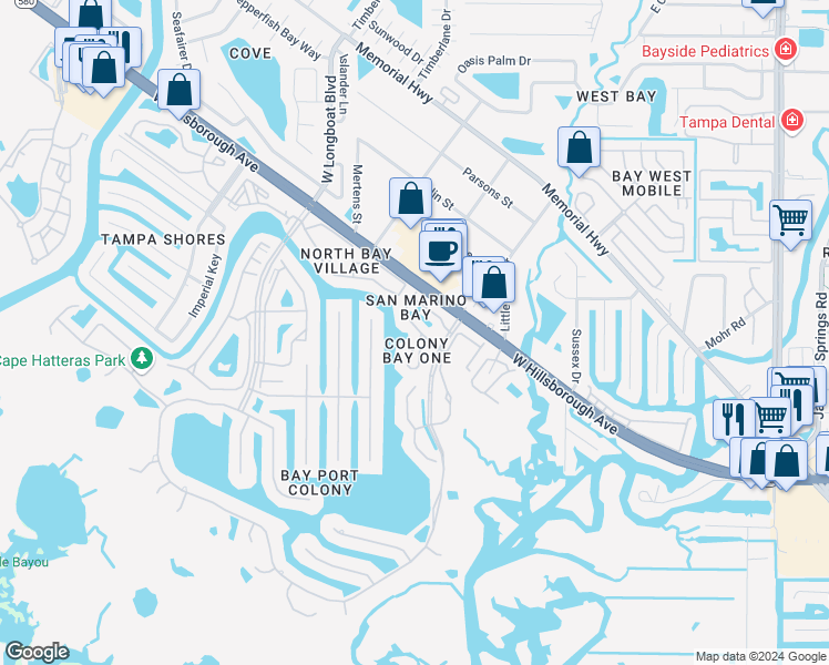 map of restaurants, bars, coffee shops, grocery stores, and more near 10416 Saint Tropez Place in Tampa