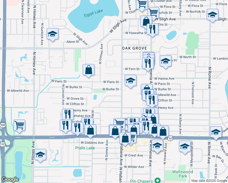 map of restaurants, bars, coffee shops, grocery stores, and more near 2910 West Burke Street in Tampa