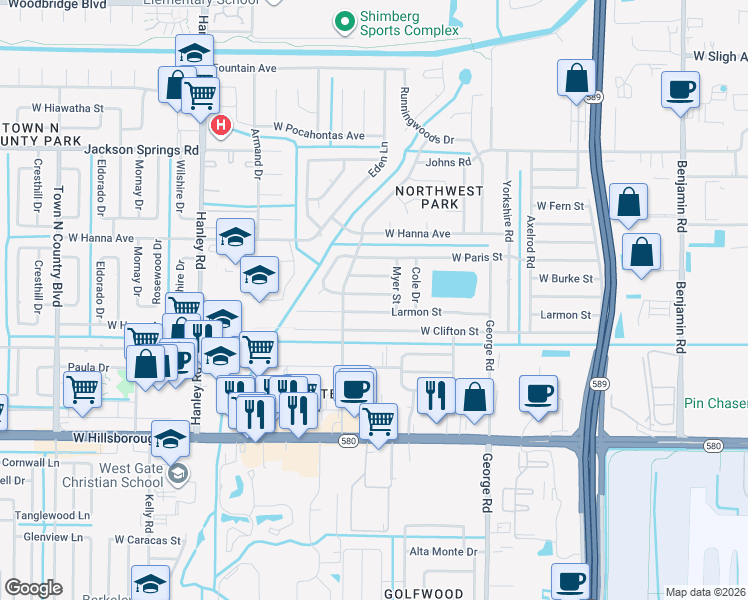 map of restaurants, bars, coffee shops, grocery stores, and more near 6810 Tuttle Street in Tampa