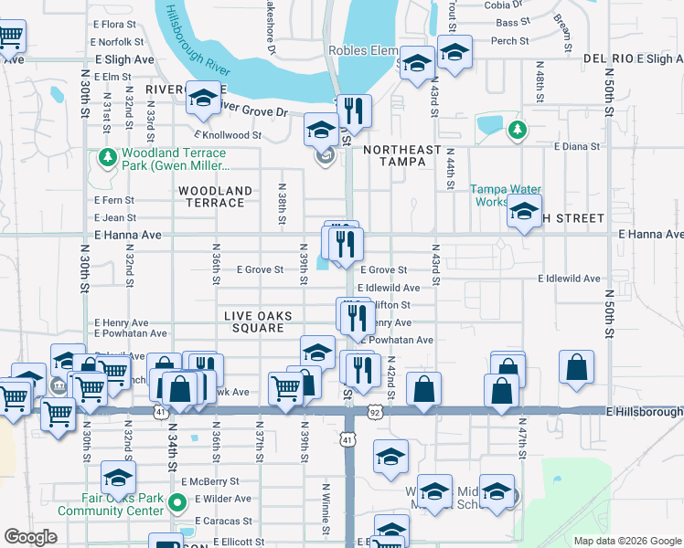 map of restaurants, bars, coffee shops, grocery stores, and more near N 40th St # E in Tampa