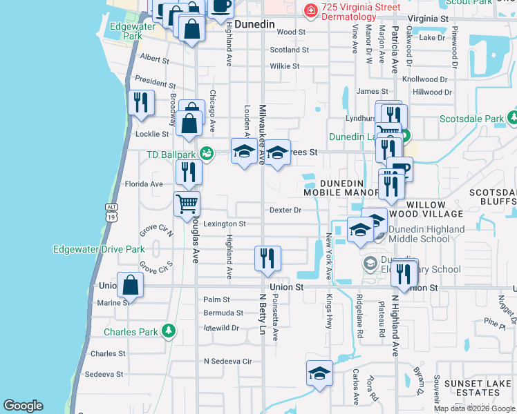 map of restaurants, bars, coffee shops, grocery stores, and more near 242 Milwaukee Avenue in Dunedin