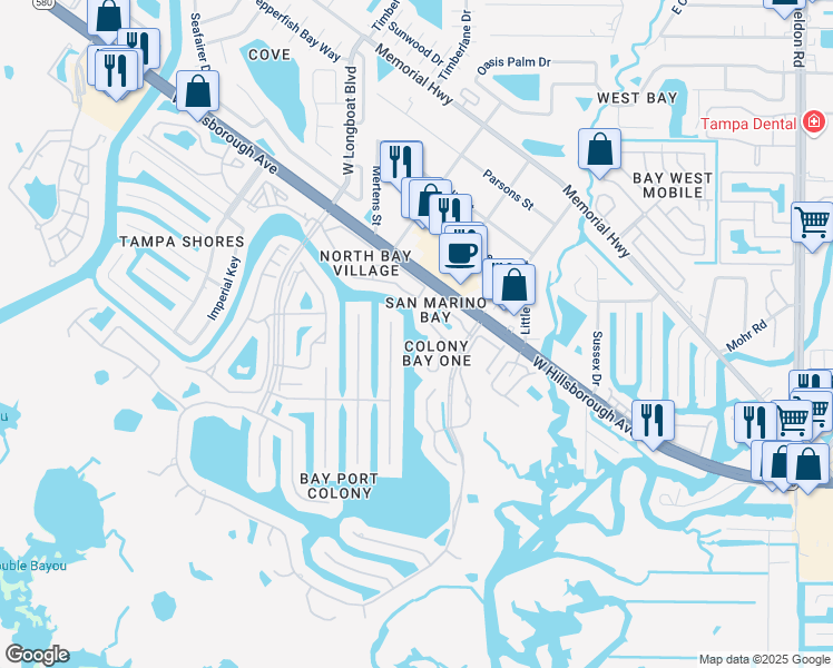 map of restaurants, bars, coffee shops, grocery stores, and more near 10424 Saint Tropez Place in Tampa
