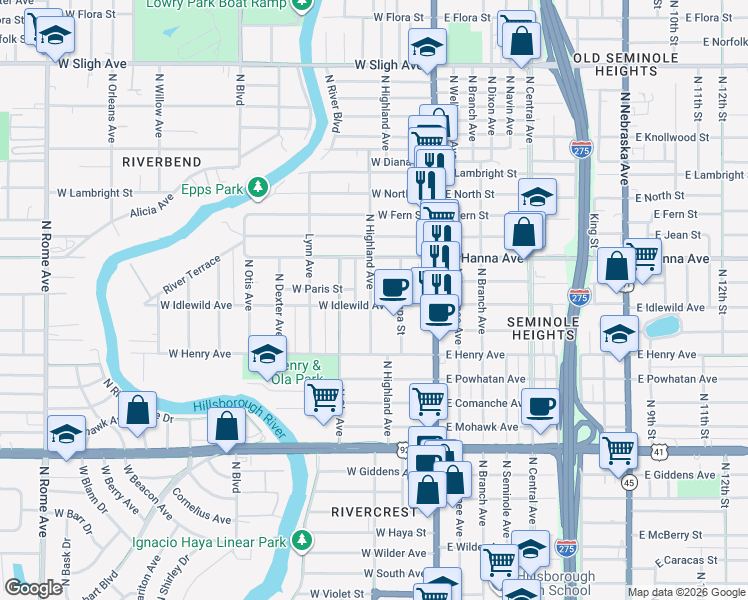 map of restaurants, bars, coffee shops, grocery stores, and more near 6002 North Highland Avenue in Tampa