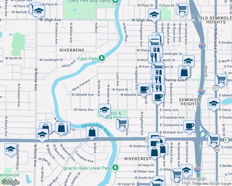 map of restaurants, bars, coffee shops, grocery stores, and more near 508 West Paris Street in Tampa