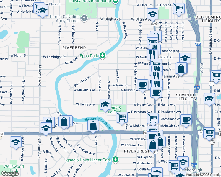 map of restaurants, bars, coffee shops, grocery stores, and more near 508 West Paris Street in Tampa