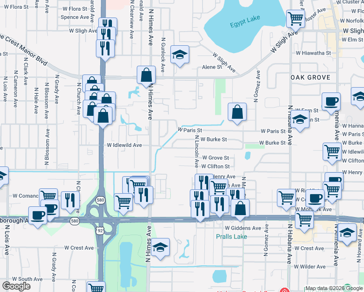 map of restaurants, bars, coffee shops, grocery stores, and more near 3318 West Burke Street in Tampa