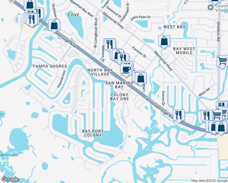 map of restaurants, bars, coffee shops, grocery stores, and more near 10424 Saint Tropez Place in Tampa