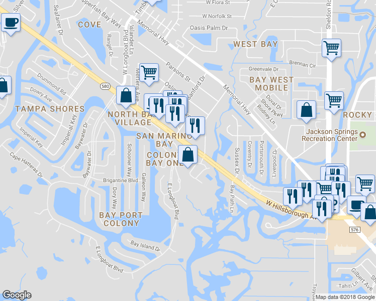 map of restaurants, bars, coffee shops, grocery stores, and more near 6210 Bayside Key Drive in Tampa