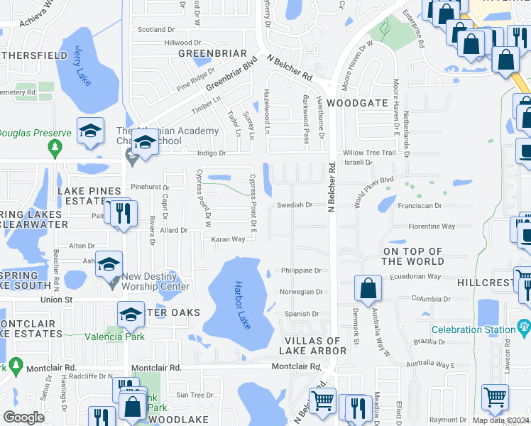 map of restaurants, bars, coffee shops, grocery stores, and more near 2220 Swedish Drive in Clearwater