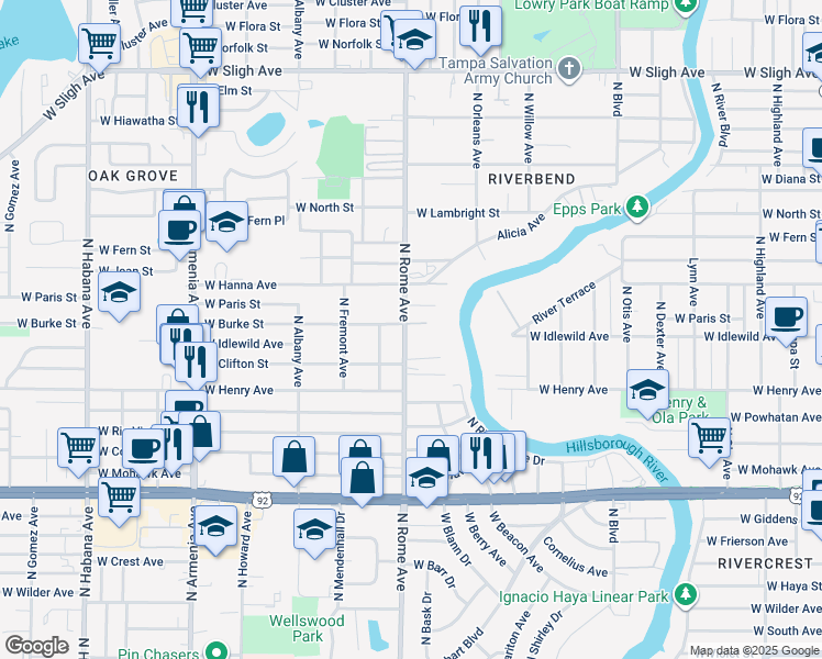 map of restaurants, bars, coffee shops, grocery stores, and more near 5927 North Rome Avenue in Tampa