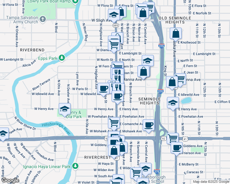 map of restaurants, bars, coffee shops, grocery stores, and more near 6006 North Florida Avenue in Tampa