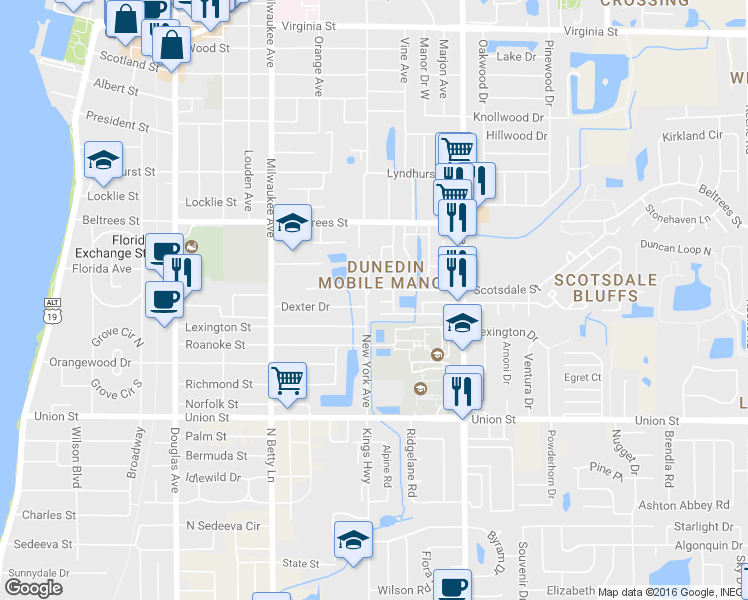 map of restaurants, bars, coffee shops, grocery stores, and more near 161 New York Avenue in Dunedin