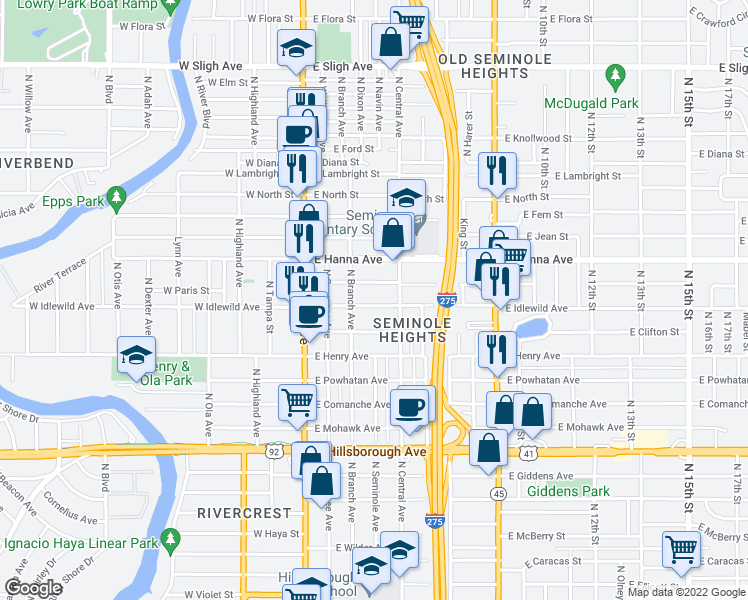map of restaurants, bars, coffee shops, grocery stores, and more near 310 East Idlewild Avenue in Tampa