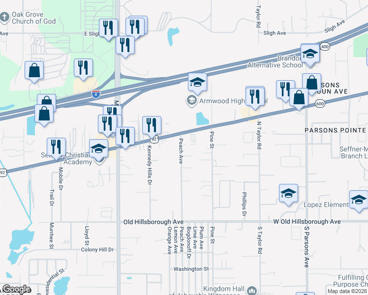 map of restaurants, bars, coffee shops, grocery stores, and more near 12007 U.S. 92 in Seffner