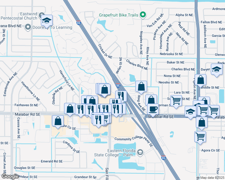 map of restaurants, bars, coffee shops, grocery stores, and more near 211 Interchange Drive Northeast in Palm Bay