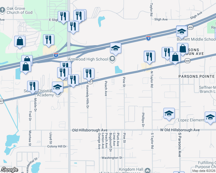 map of restaurants, bars, coffee shops, grocery stores, and more near 12007 U.S. 92 in Seffner