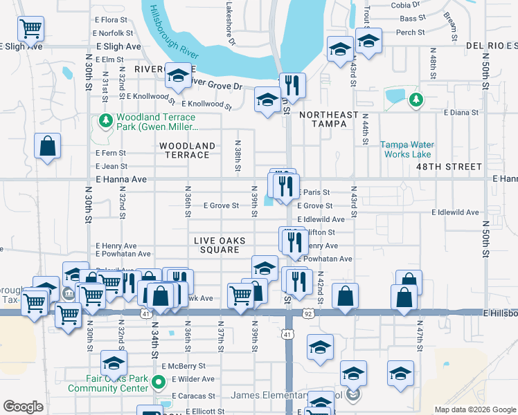 map of restaurants, bars, coffee shops, grocery stores, and more near 6011 North 39th Street in Tampa