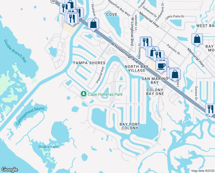 map of restaurants, bars, coffee shops, grocery stores, and more near 5348 Baywater Drive in Tampa