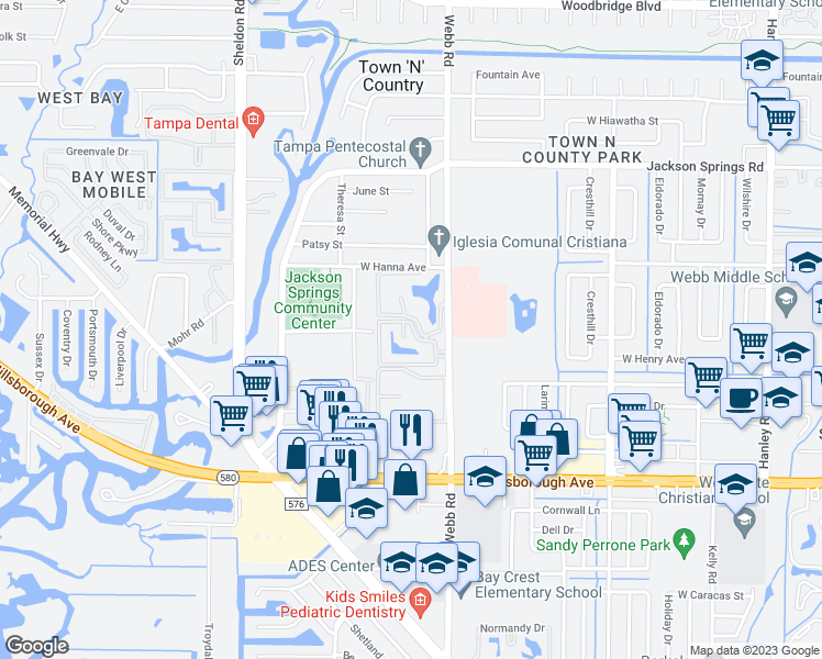 map of restaurants, bars, coffee shops, grocery stores, and more near 8336 Crystal Harbour Drive in Town 'n' Country