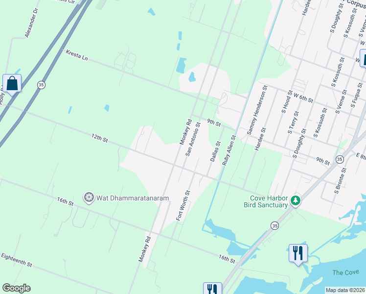 map of restaurants, bars, coffee shops, grocery stores, and more near 1927 San Antonio Street in Rockport