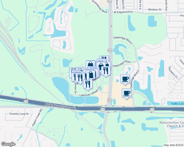 map of restaurants, bars, coffee shops, grocery stores, and more near 1401 Town Center Drive in Lakeland