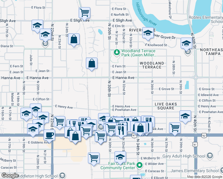 map of restaurants, bars, coffee shops, grocery stores, and more near 6005 North 30th Street in Tampa