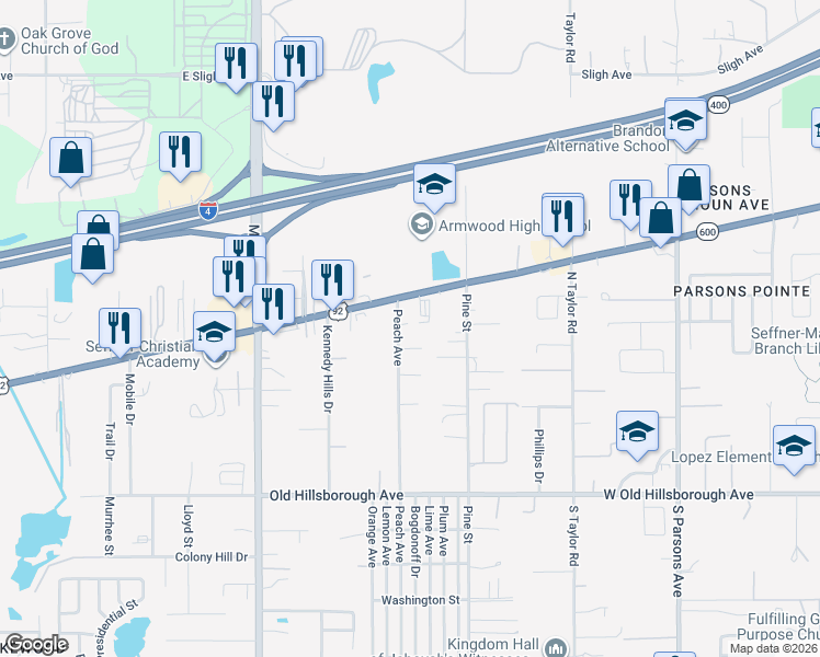 map of restaurants, bars, coffee shops, grocery stores, and more near 12007 U.S. 92 in Seffner