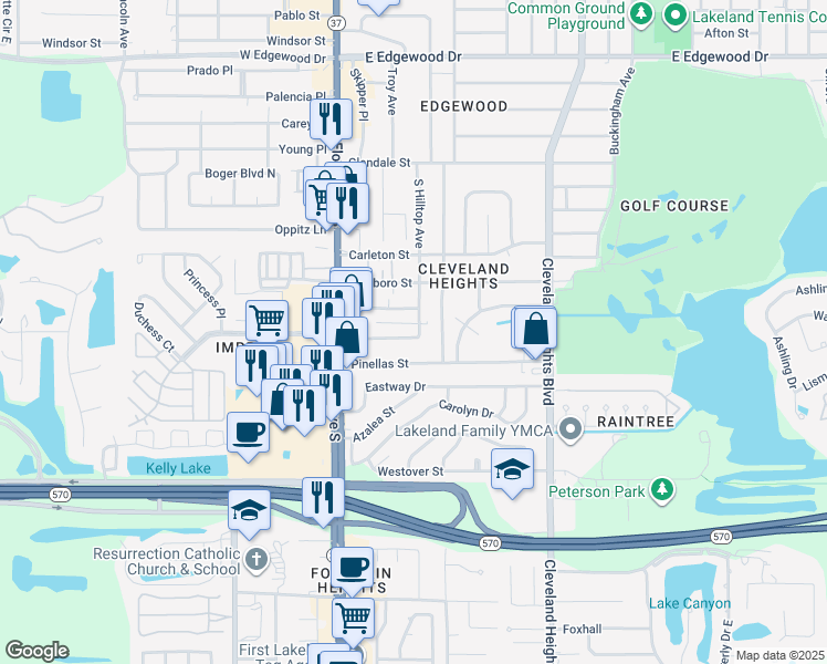 map of restaurants, bars, coffee shops, grocery stores, and more near 410 High View Lane in Lakeland