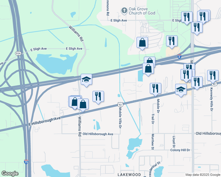 map of restaurants, bars, coffee shops, grocery stores, and more near 11110 U.S. 92 in Seffner