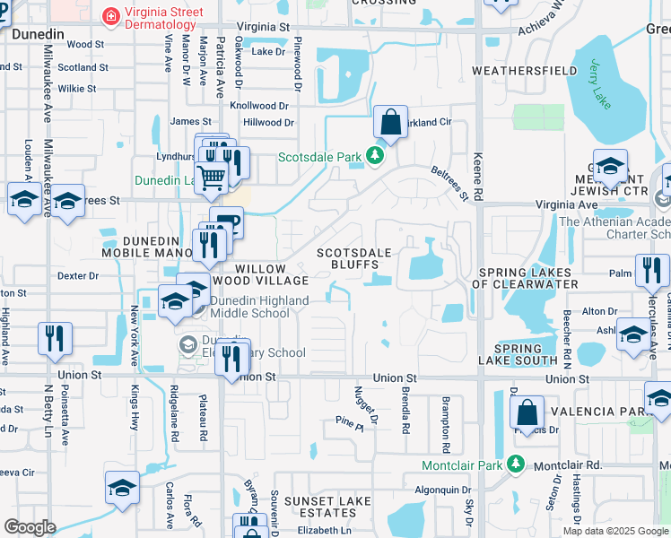 map of restaurants, bars, coffee shops, grocery stores, and more near 1180 Somerset Circle South in Dunedin