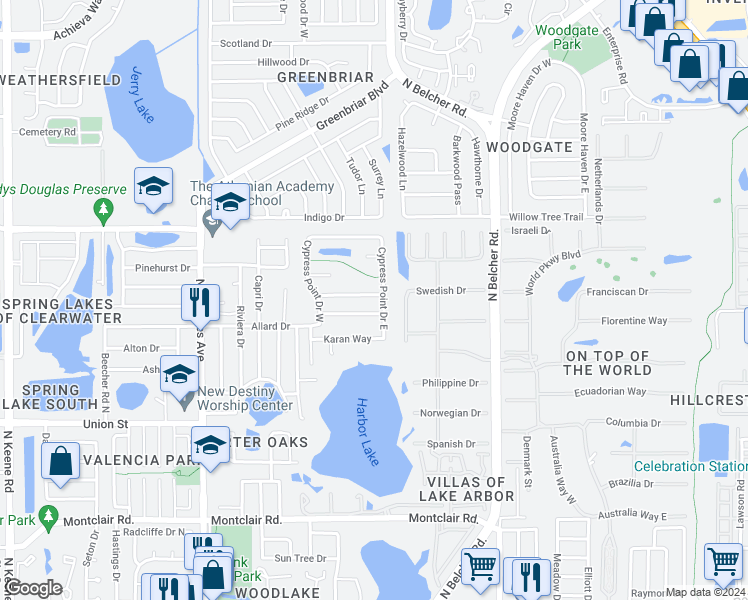 map of restaurants, bars, coffee shops, grocery stores, and more near 2179 Little Brook Lane in Clearwater