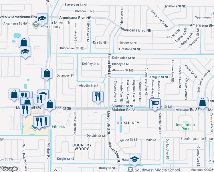map of restaurants, bars, coffee shops, grocery stores, and more near 223 Eldron Boulevard Northeast in Palm Bay