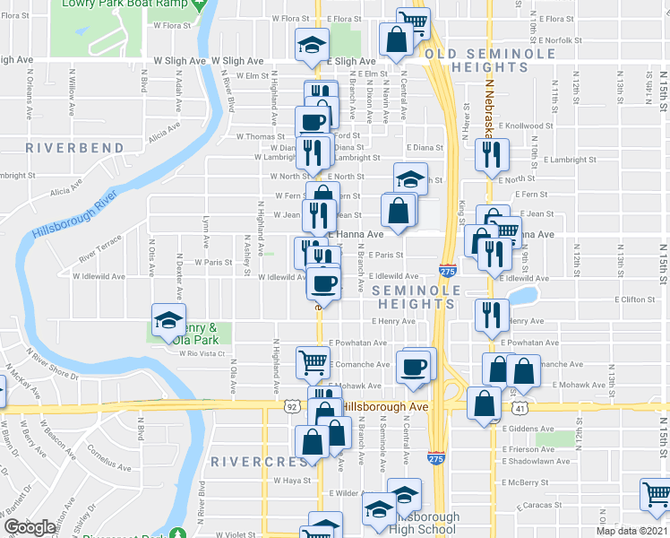 map of restaurants, bars, coffee shops, grocery stores, and more near 6005 North Suwanee Avenue in Tampa