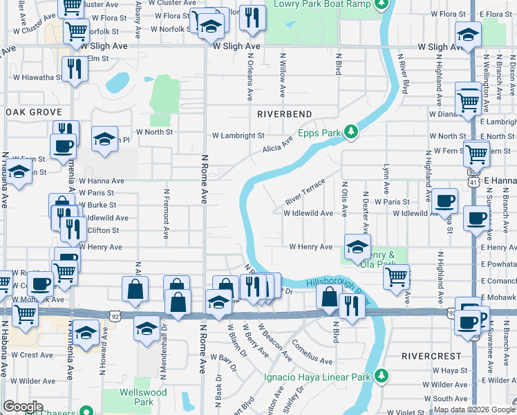 map of restaurants, bars, coffee shops, grocery stores, and more near 5924 River Terrace in Tampa
