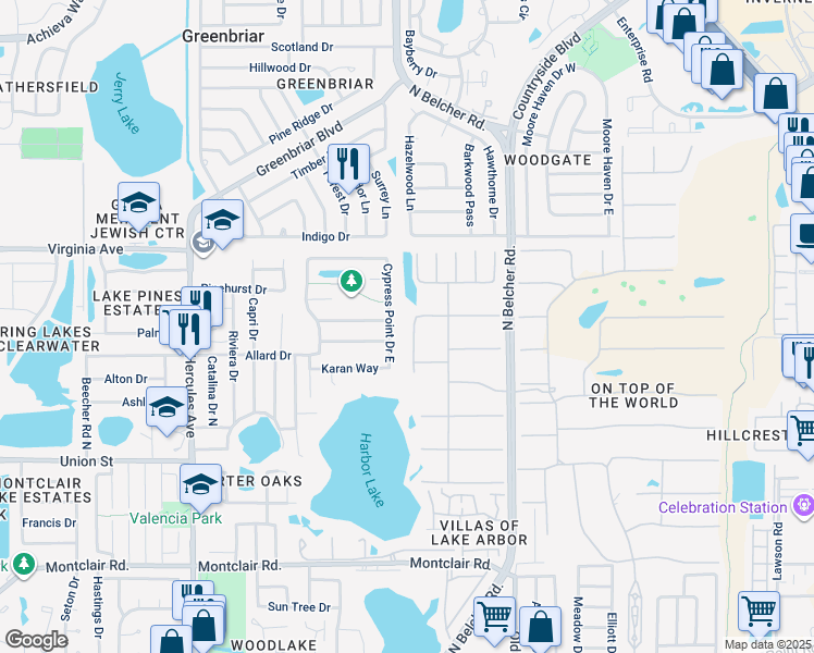 map of restaurants, bars, coffee shops, grocery stores, and more near 2221 Cypress Point Drive East in Clearwater