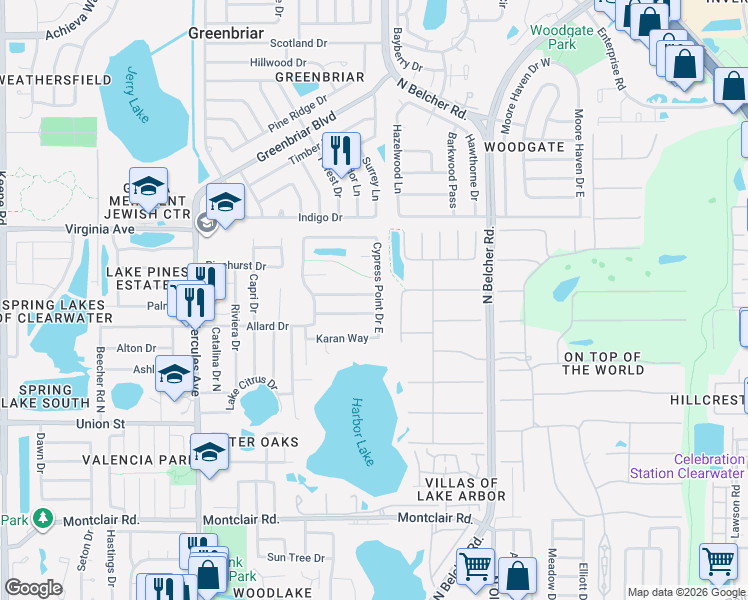 map of restaurants, bars, coffee shops, grocery stores, and more near 2179 Little Brook Lane in Clearwater