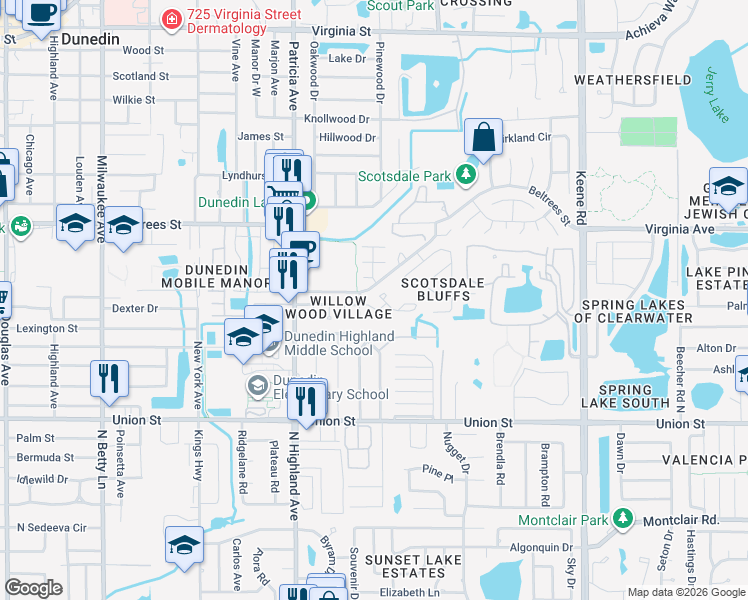 map of restaurants, bars, coffee shops, grocery stores, and more near 203 Somerset Circle South in Dunedin