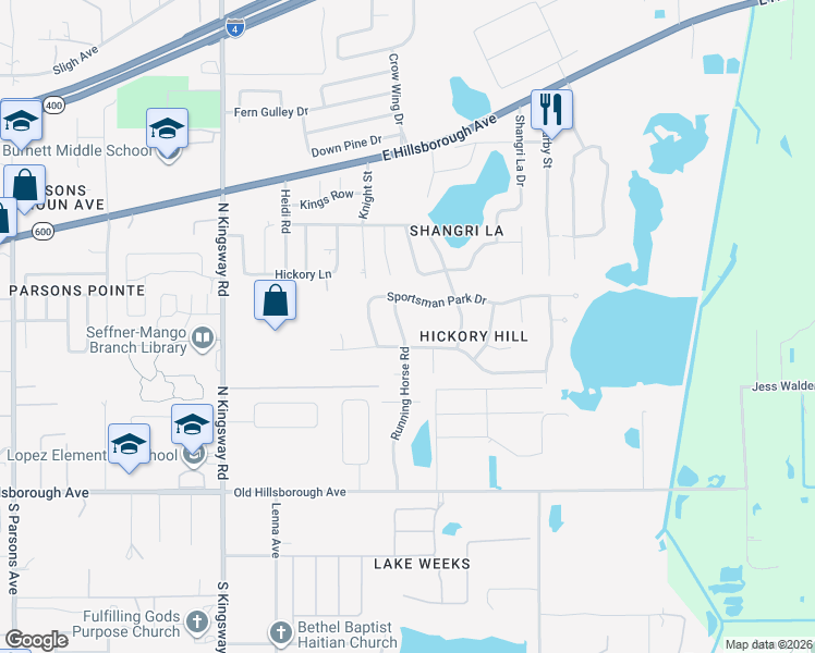 map of restaurants, bars, coffee shops, grocery stores, and more near 503 Running Horse Road in Seffner