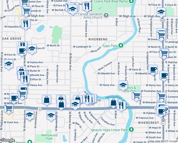 map of restaurants, bars, coffee shops, grocery stores, and more near 5924 River Terrace in Tampa
