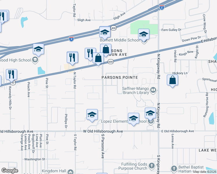 map of restaurants, bars, coffee shops, grocery stores, and more near 516 Magnolia Pointe Court in Seffner