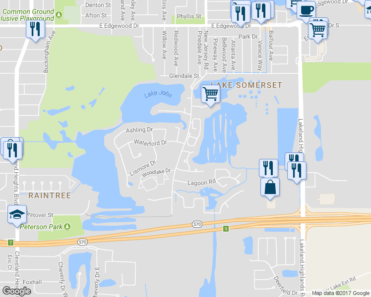 map of restaurants, bars, coffee shops, grocery stores, and more near 3404 Whitman Drive in Lakeland