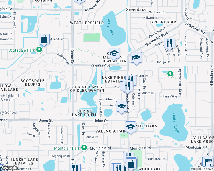 map of restaurants, bars, coffee shops, grocery stores, and more near 2201 Palmetto Drive in Clearwater