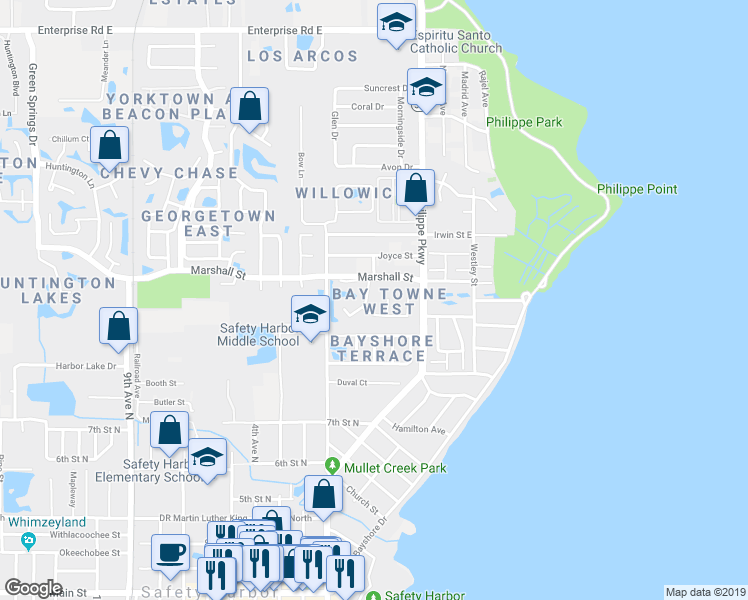 map of restaurants, bars, coffee shops, grocery stores, and more near 1414 Wickford Street in Safety Harbor