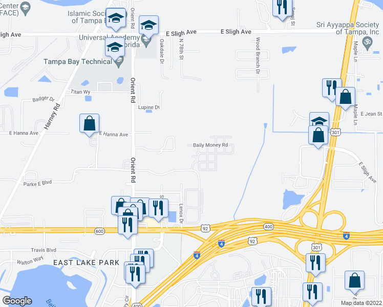 map of restaurants, bars, coffee shops, grocery stores, and more near 5917 Fairyhouse Lane in Tampa