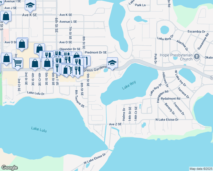 map of restaurants, bars, coffee shops, grocery stores, and more near 940 Avenue T Southeast in Winter Haven